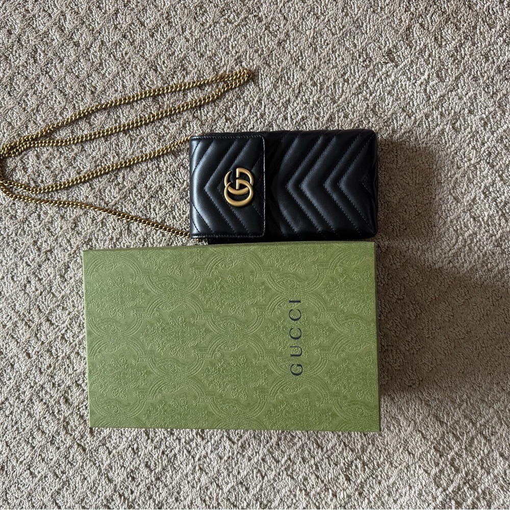 Gucci Black Quilted Leather Chain Wallet GG MARMONT MINI BAG